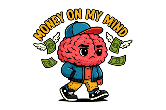 Colorful cartoon brain character walking with money mindset in mind during a playful urban setting