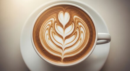 Elegant latte art in white mug on bright morning setting