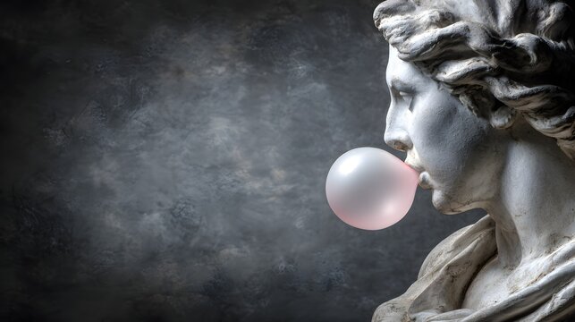 A weathered, antique statue bust of a woman, positioned in profile, is blowing a large bubble gum bubble against a textured backdrop.