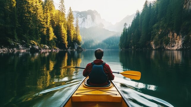 Person in a kayak on a serene lake surrounded by trees.
