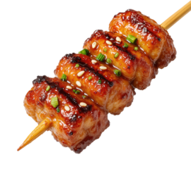 Delicious Japanese Tsukune, Grilled Chicken Meatball Skewer with Teriyaki Glaze and Sesame, Isolated on Transparent and White Background