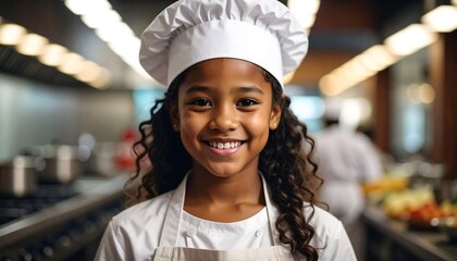Smiling girl chef in kitchen.