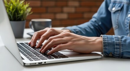 Close-up of caucasian female adult typing on laptop in cozy workspace