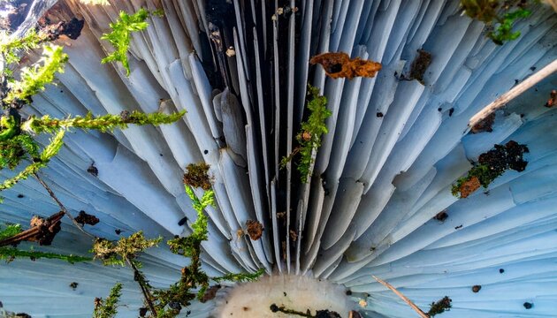 Close-up texture of mushroom gills. Macro photography of the underside of a mushroom, showing fine detail of the gills and stem structure. Scientific and artistic use. High contrast and sharp focus.