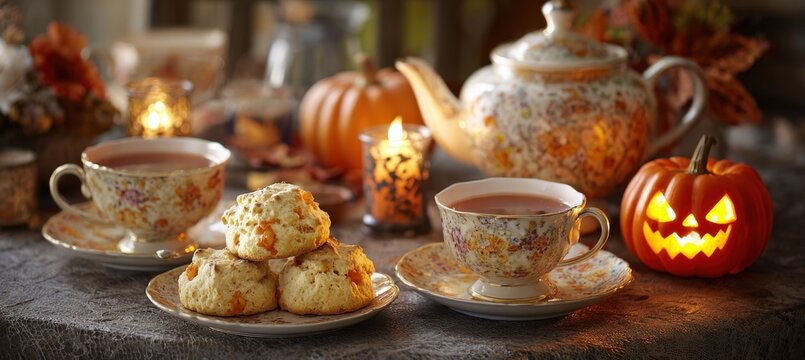Charming Autumn Tea Setting with Pumpkin Scones and Jack-o'-Lantern Centerpiece - Powered by Adobe