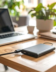Portable power bank on a wooden desk next to a laptop