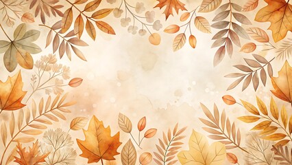 Watercolor autumn leaves frame with copy space in warm earthy tones, perfect for seasonal design elements