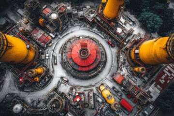 Aerial view of a vast industrial complex featuring towering yellow chimneys and a central red circular facility surrounded by intricate pipelines and storage tanks
