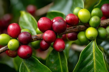 Obraz premium Vibrant red and green coffee cherries ripening on a plant branch with lush leaves