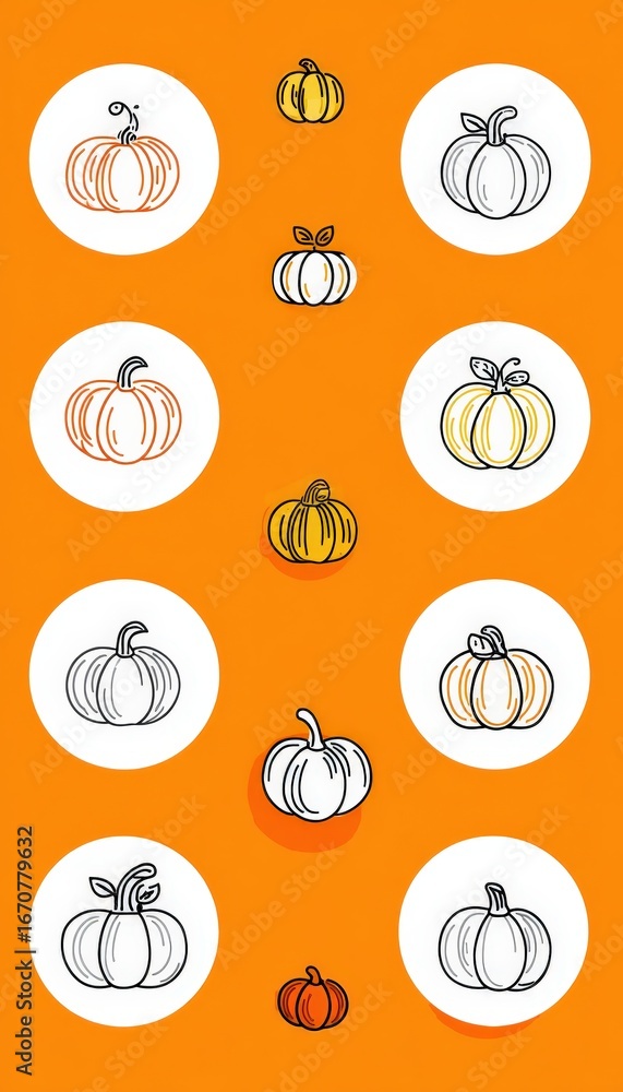 Poster Flat-Style Pumpkin Icons on Circular Backgrounds for App Design