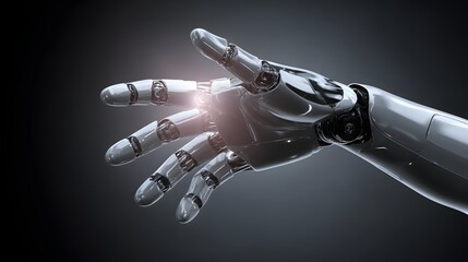A detailed close-up view of a metallic robotic arm and hand, showcasing intricate mechanical design and highlighting the technology of the future.