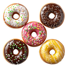 Assorted Glazed Donuts with Sprinkles isolated on transparent background
