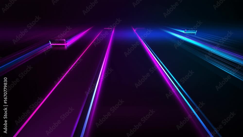 Poster glowing neon lines streaking across dark background, creating futuristic highway scene with motion b