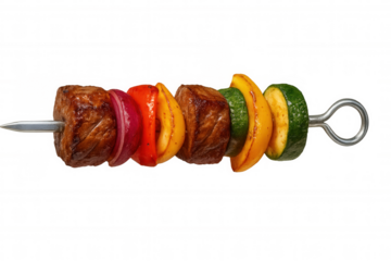 Sizzling kebab featuring marinated meat and vibrant vegetables, grilled to golden perfection
