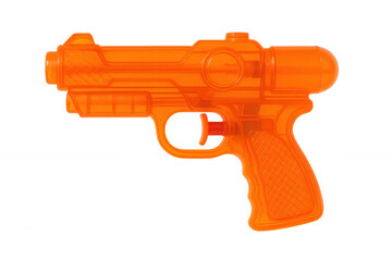 Orange translucent water gun standing against clear background, showcasing bright hue and toy's sleek playful form