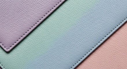 Fototapeta premium Pastel leather texture with stitching, soft gradient colors of purple mint green blue and pink, close up background for fashion design and material decoration 