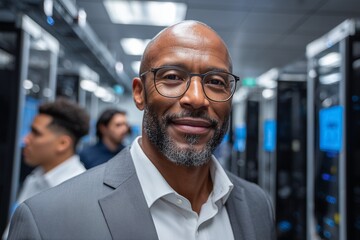 Confident businessman in data center with servers