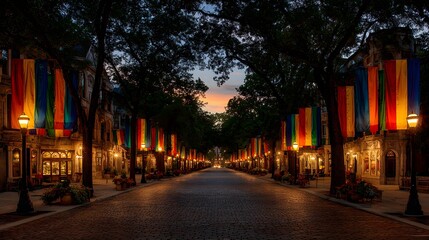 A serene city street at dawn, lined with historic buildings adorned with vibrant banners, bathed in warm light.