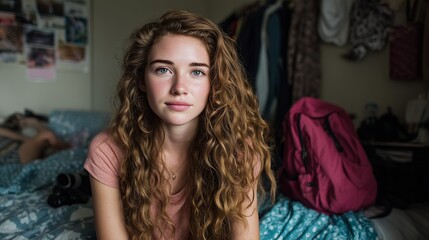 Fototapeta premium Young Woman Sitting in Bedroom with Natural Look