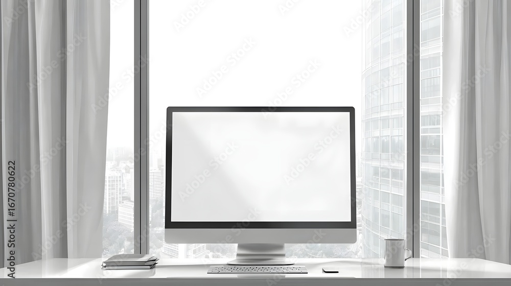 Poster Modern workspace by a window, showcasing a computer monitor with an empty screen and a city view.