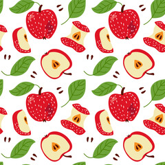 Seamless Apples Background. Red Apples with green leaves. Red vivid jucy apples vector. Summer apple orchard. Hand drawn illustration. Repeated template for textile, wrapping paper, wallpaper, scrap.