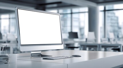 Fototapeta premium Modern computer monitor on a white office desk, showcasing a blank screen against a blurred background of an open-plan office.