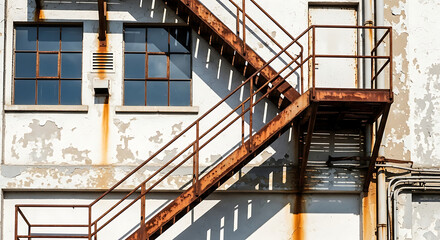 Weathered industrial building facade with rusted fire escape creating dramatic shadows under the sun