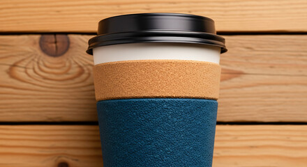 Reusable coffee cup with stylish cork sleeve, perfect for eco-conscious consumers enjoying a hot beverage on wooden background