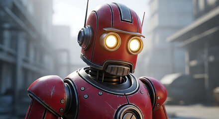 Retro robot with glowing eyes stands confidently in a city, a vintage design perfect for futuristic and technology-themed projects