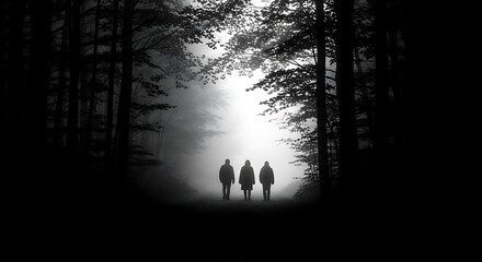 Three figures walking into the mysterious misty forest, evoking a sense of adventure, mystery, and the unknown in nature.