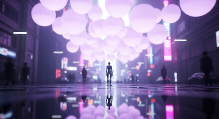 Futuristic humanoid figure standing in neon-lit urban cityscape with glowing orbs, evoking mystery and technological advancement