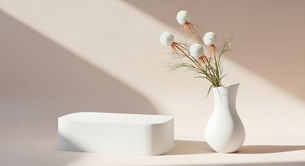 Elegant white vase with decorative floral arrangement, clean minimal aesthetic, perfect for product display or modern interior design