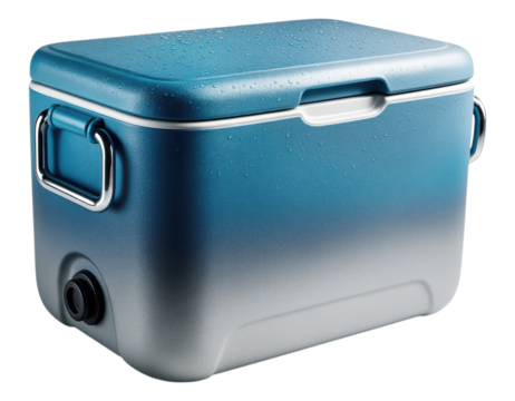 A Modern Portable Hard Cooler Box in a Blue to Silver Gradient with Water Drops and a Drain Plug, Isolated on Transparent and White Background