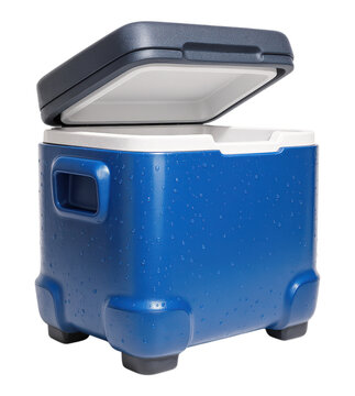 A blue portable hard-sided cooler with condensation water droplets and its dark lid slightly open, Isolated on Transparent and White Background