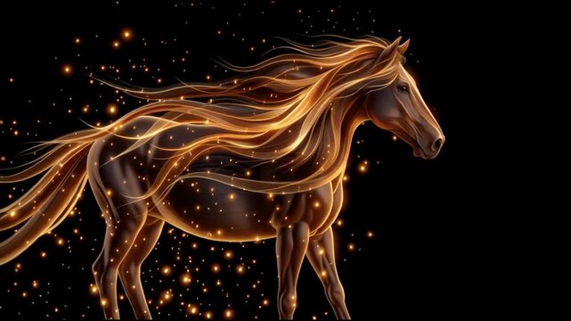 Golden horse silhouette materializing with shimmering particle mane, radiating mystical energy against dark backdrop