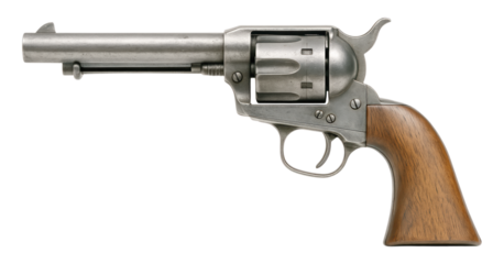 A classic American Old West single-action revolver with a weathered metal finish and wood grip, Isolated on Transparent and White Background