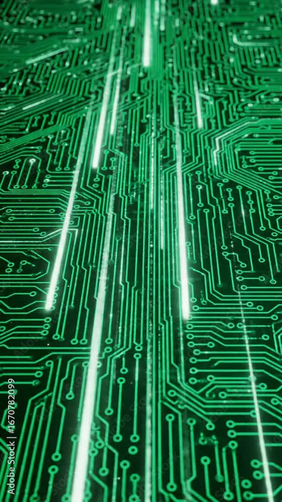Poster mesmerizing macro extreme close-up of a dark green digital circuit board, vibrant emerald lines puls