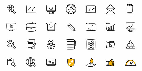 Fototapeta premium Capturing essential business analytics and workflow elements with this versatile collection of hand-drawn icons perfect for presentations, reports, and digital content creation.