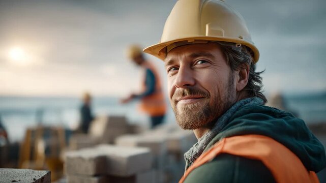 Worker in overalls at a construction site. Facial expression indicates concentration and strength. Professional builder in a helmet and vest. Responsible look.