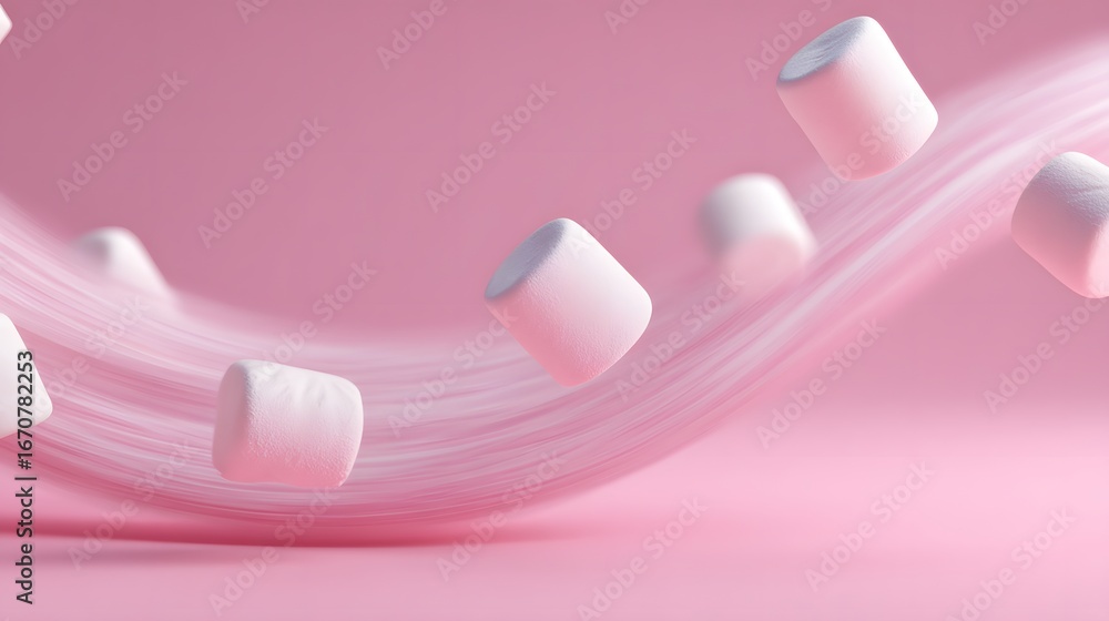 Poster white marshmallows float gracefully through a soft pink swirled background.