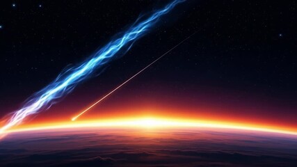 Fiery streaks blaze across space Two bright celestial objects plummet toward Earth A brilliant horizon glows illuminating the atmosphere in warm light - Powered by Adobe