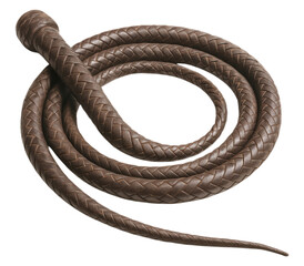 A long, coiled brown bullwhip made of braided leather, featuring a textured plait and a handle knob, Isolated on Transparent and White Background