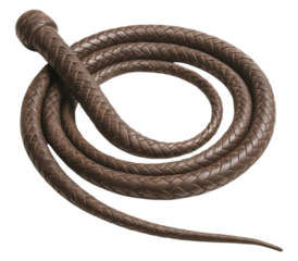 A long, coiled brown bullwhip made of braided leather, featuring a textured plait and a handle knob, Isolated on Transparent and White Background