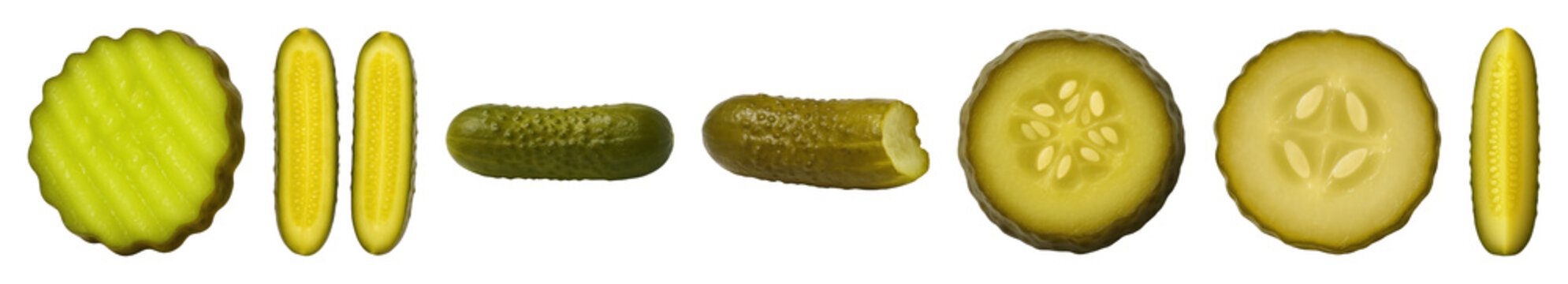 Pickle set including whole gherkins, halves, spears, and wavy round slices isolated. Food ingredient and garnish collection.