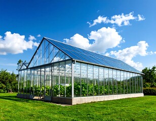 Greenhouse under a vibrant blue sky