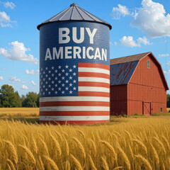 Buy American text on a sign proudly showcased on a barn silo, with a vibrant red farm barn and golden wheat fields surrounding it