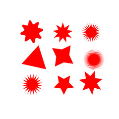 A variety of red geometric and starburst shapes are displayed against a clean white background, showcasing different designs and textures.
