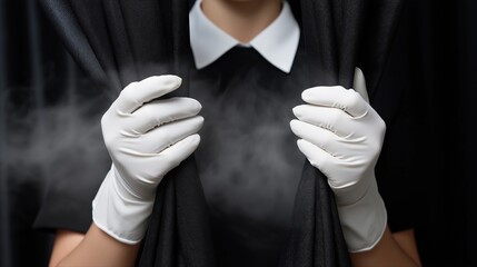 Woman in white gloves holding dark curtain with smoke background