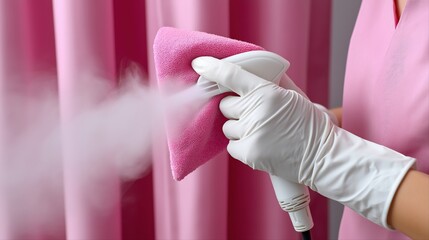 Female adult using fabric steamer with pink cloth against pink curtains