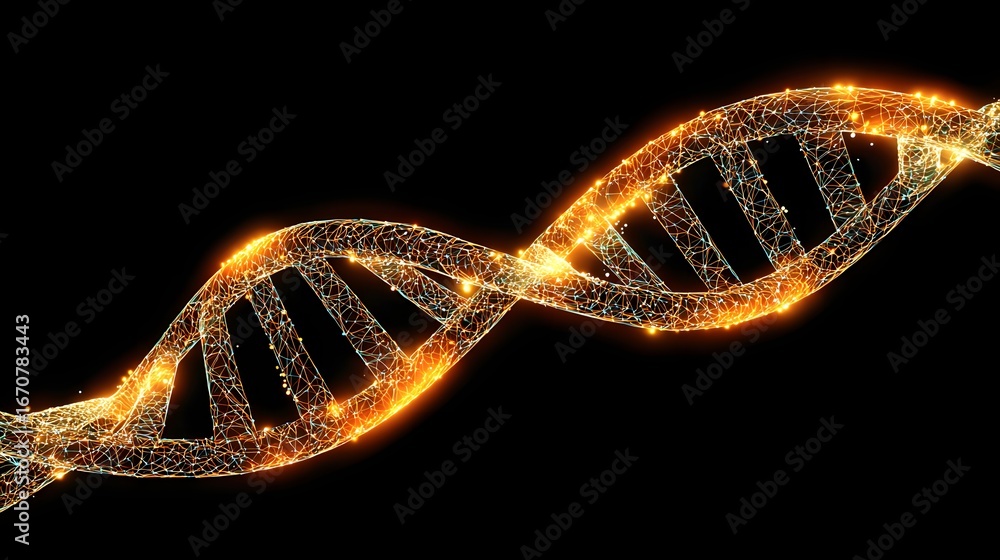 Poster a detailed representation of a dna helix, showcasing a network of interconnected points emitting a w